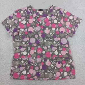 Scrub Studio Scrub Top Women L Grey Pink Purple Polka Dot Heart V-Neck Pocket